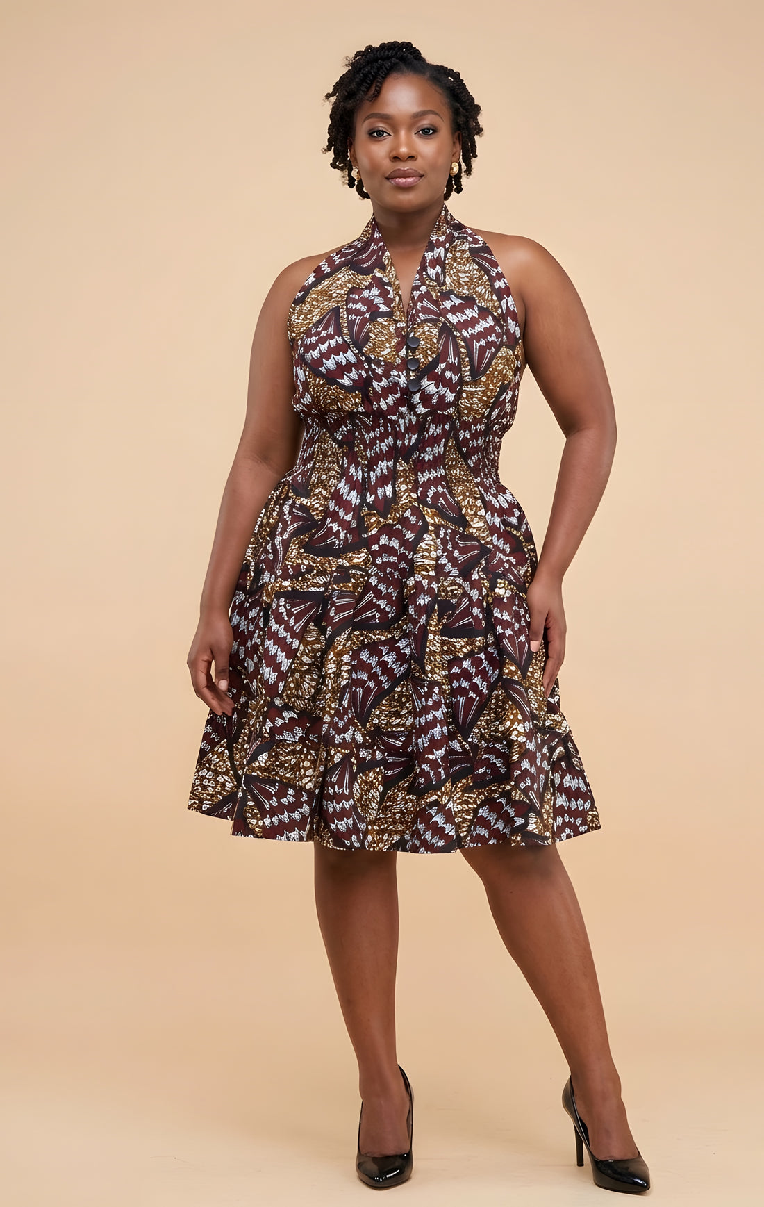 African Smocked Waist Fit &amp; Flare Midi Dress with Head Wrap | One Size