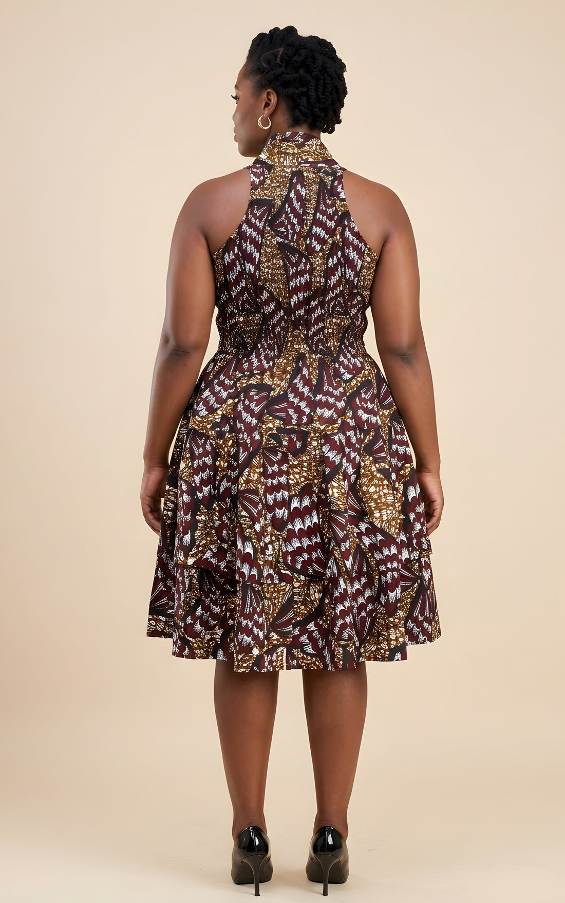 African Smocked Waist Fit &amp; Flare Midi Dress with Head Wrap | One Size