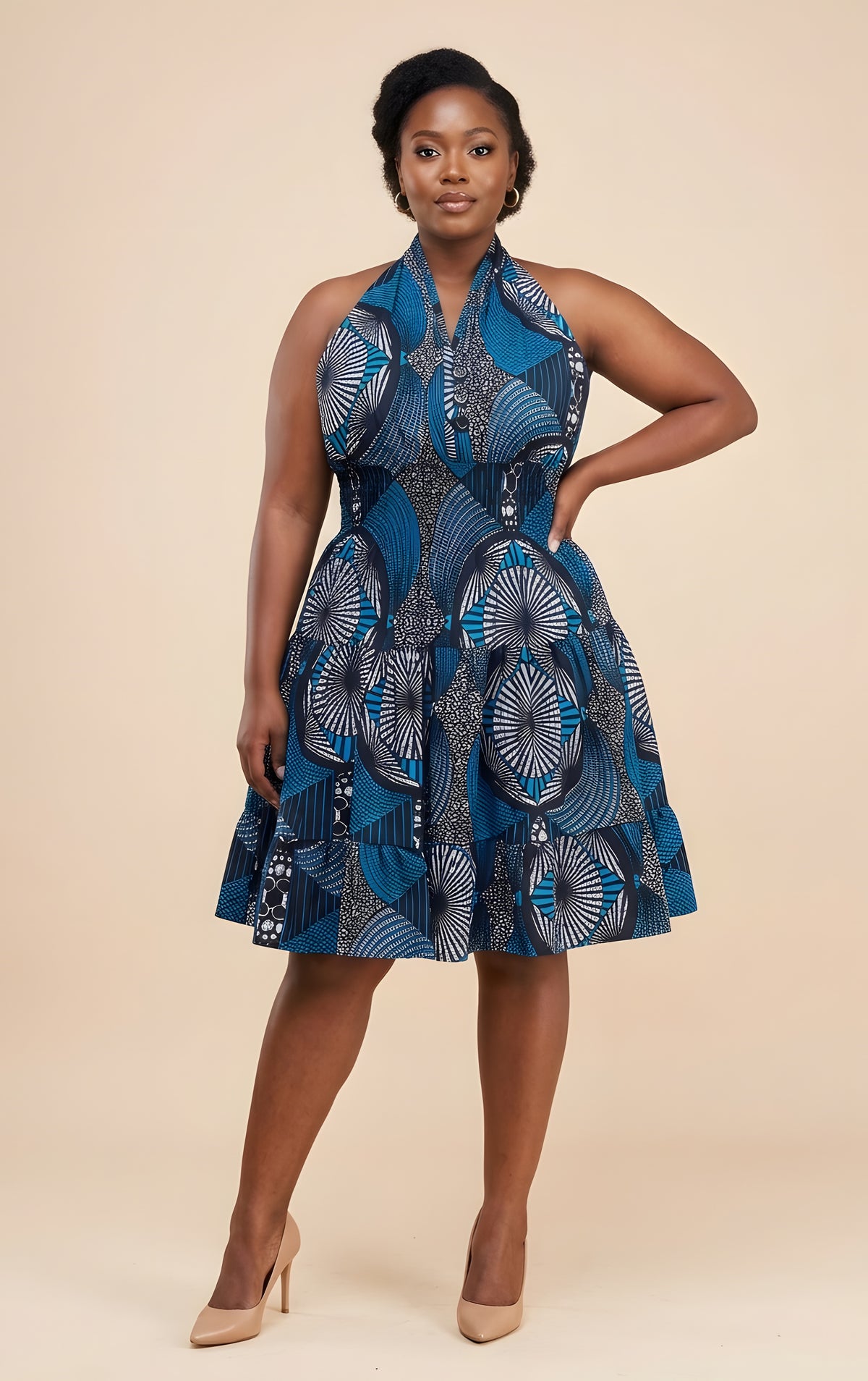 African Smocked Waist Fit &amp; Flare Midi Dress with Head Wrap | One Size