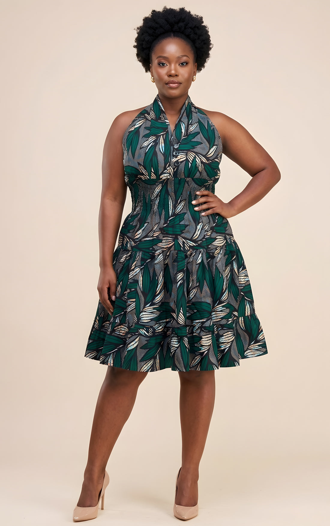 African Smocked Waist Fit &amp; Flare Midi Dress with Head Wrap | One Size