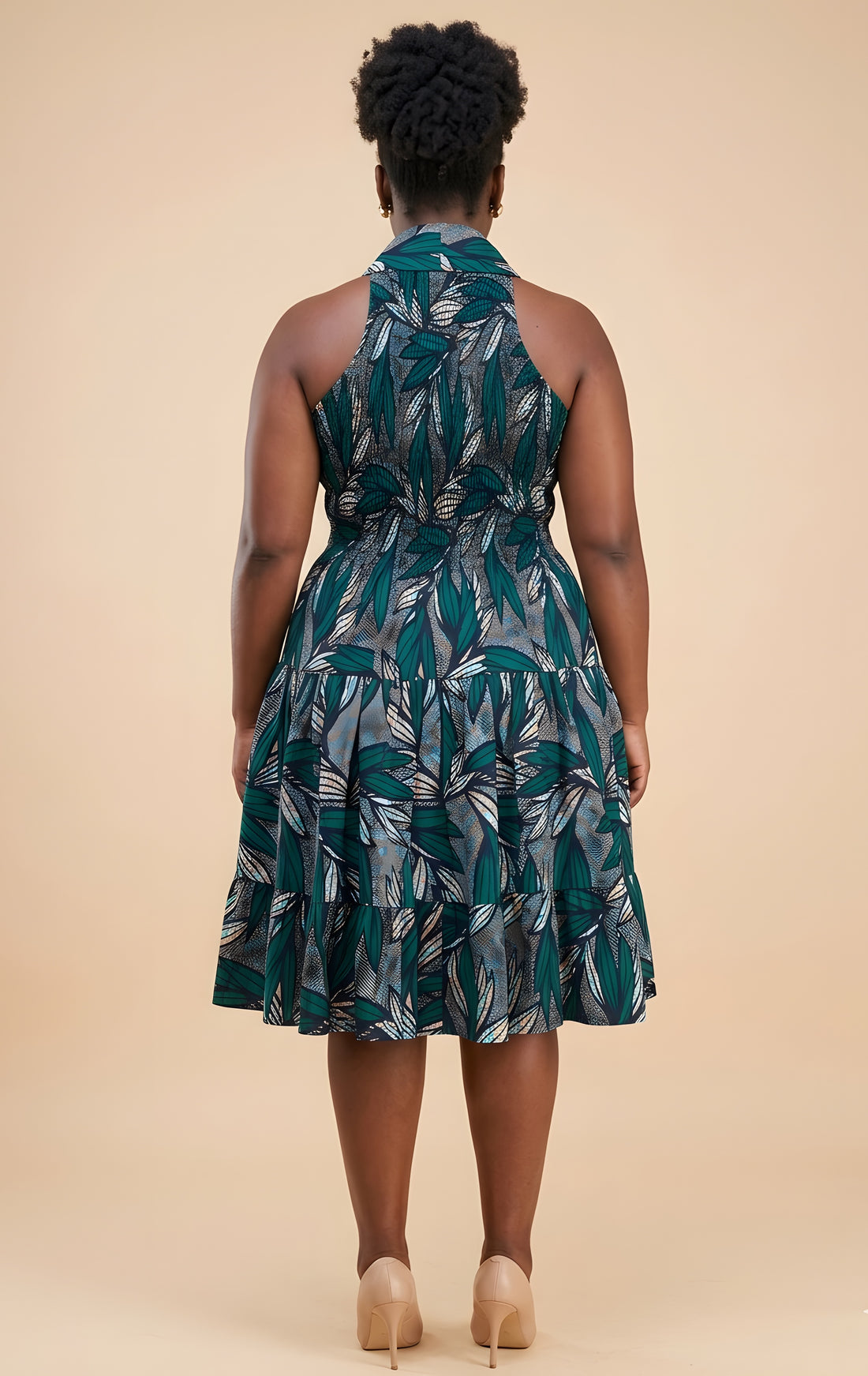 African Smocked Waist Fit &amp; Flare Midi Dress with Head Wrap | One Size