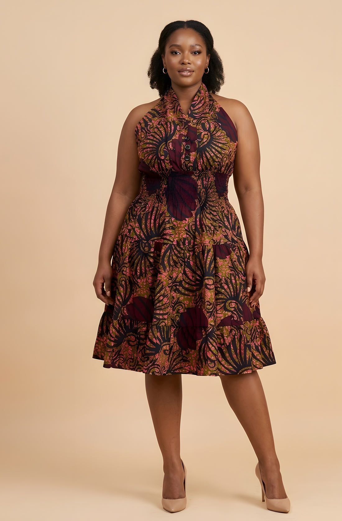 African Smocked Waist Fit &amp; Flare Midi Dress with Head Wrap | One Size
