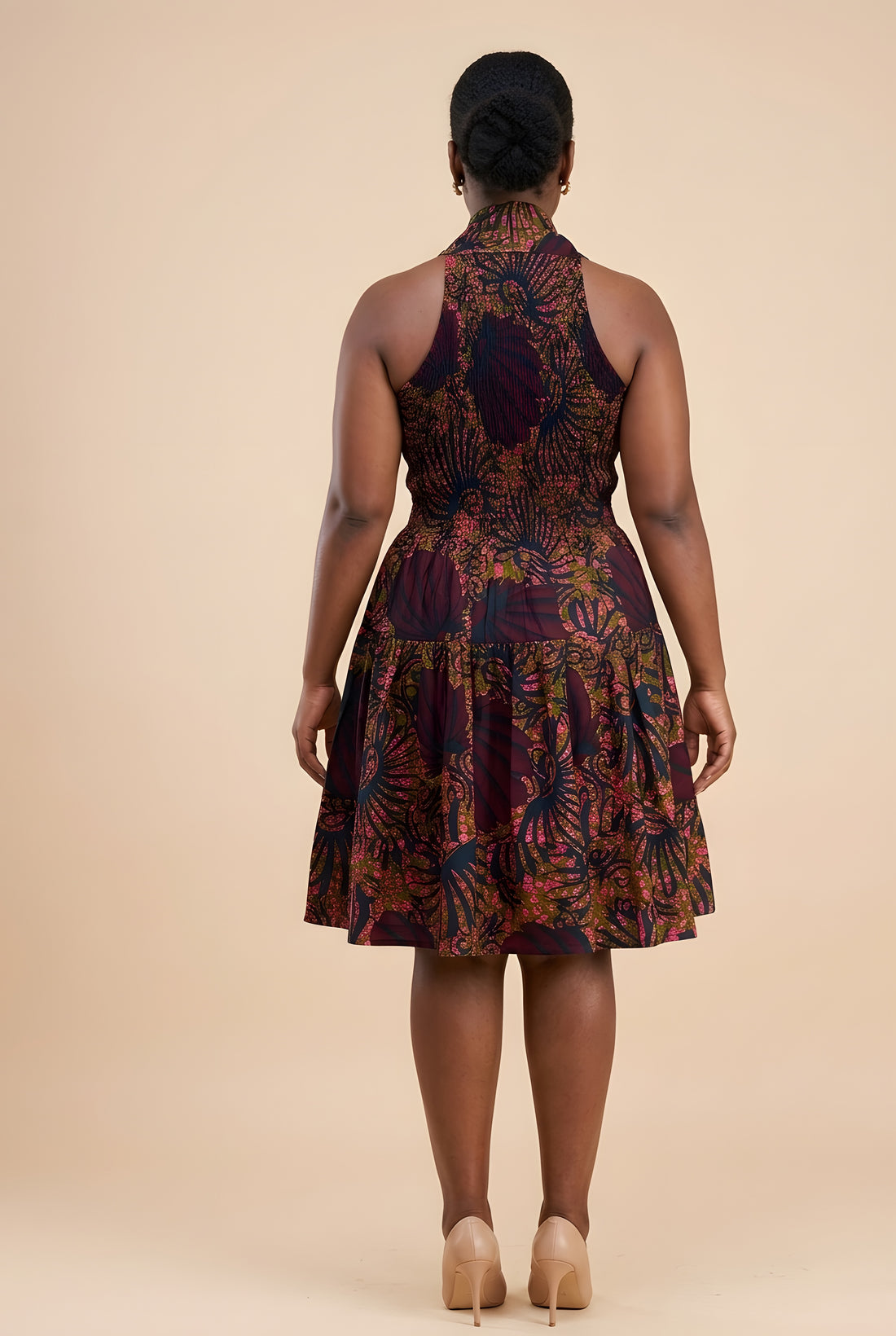 African Smocked Waist Fit &amp; Flare Midi Dress with Head Wrap | One Size