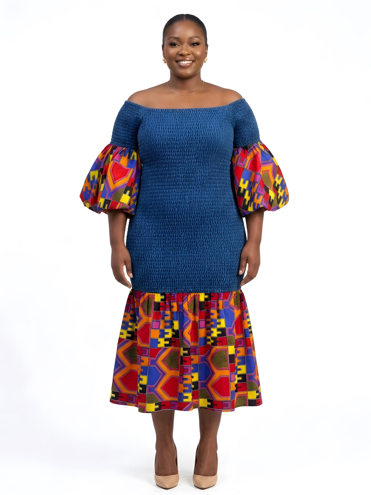 African Trim Denim Midi Smocked Dress | One Size
