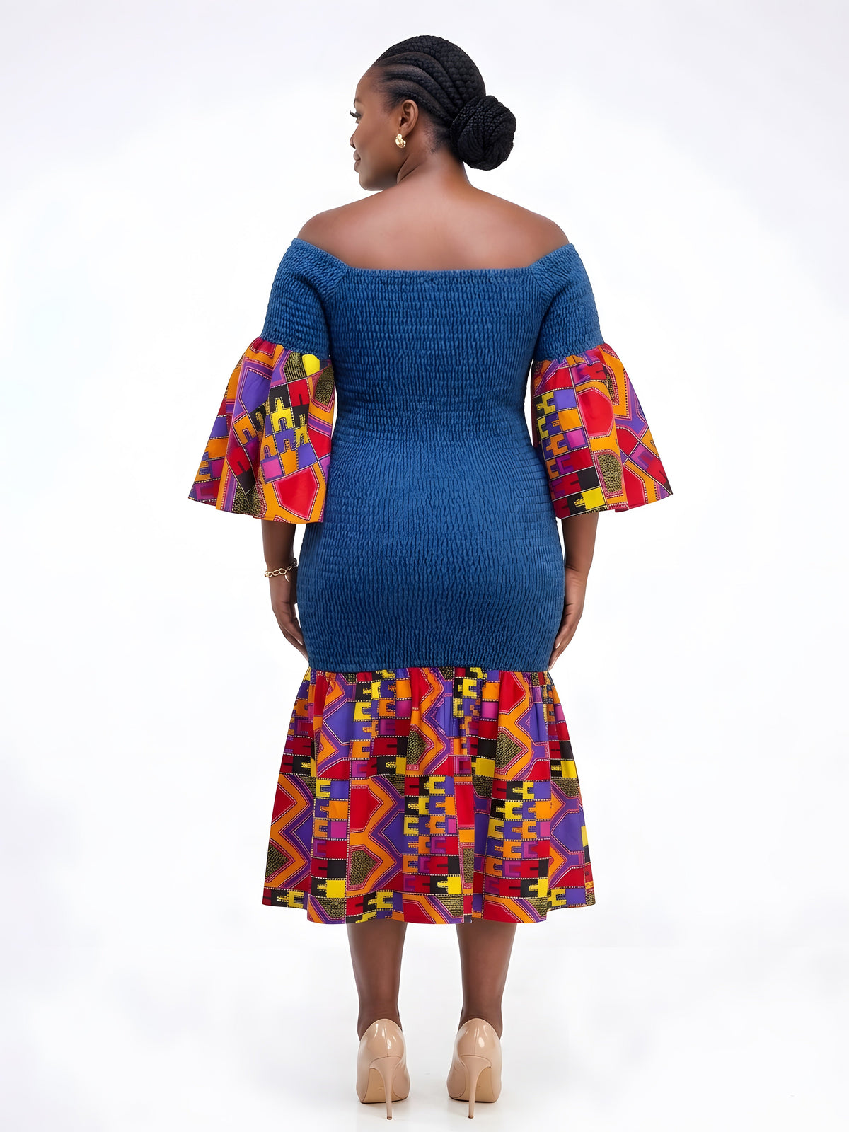 African Trim Denim Midi Smocked Dress | One Size