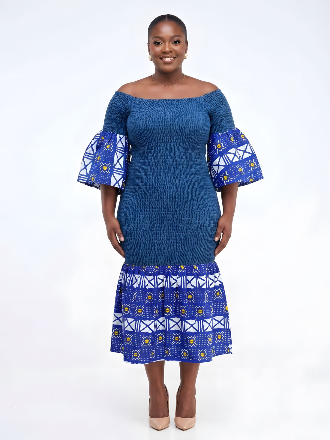 African Trim Denim Midi Smocked Dress | One Size