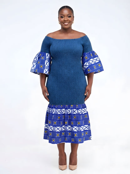 African Trim Denim Midi Smocked Dress | One Size