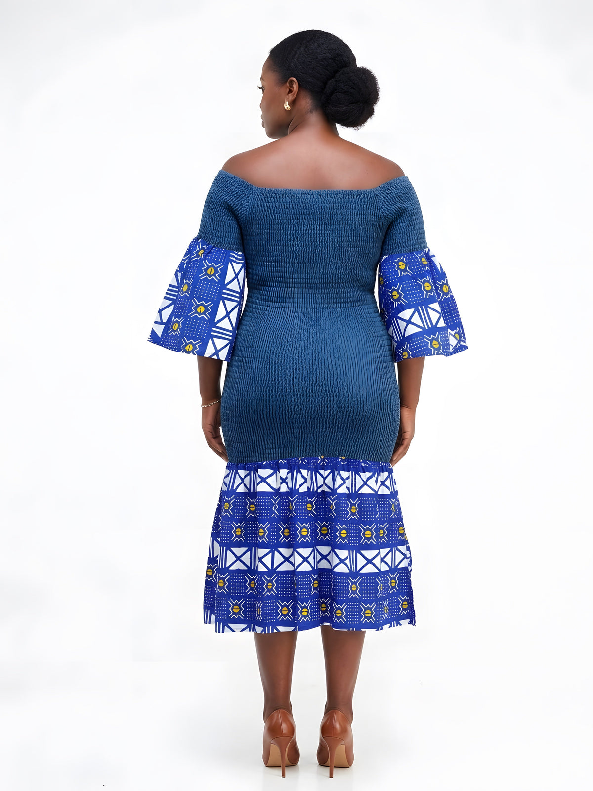 African Trim Denim Midi Smocked Dress | One Size