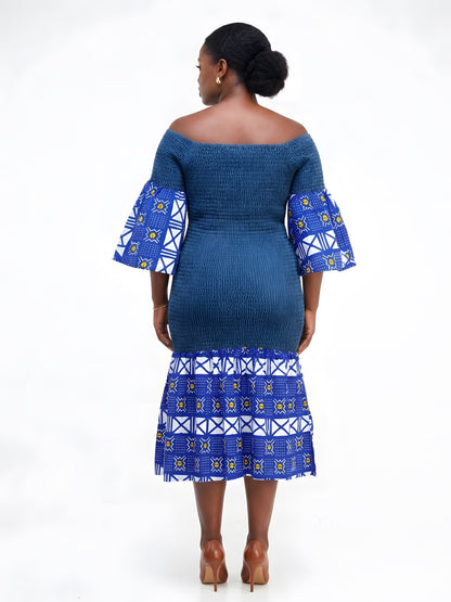 African Trim Denim Midi Smocked Dress | One Size
