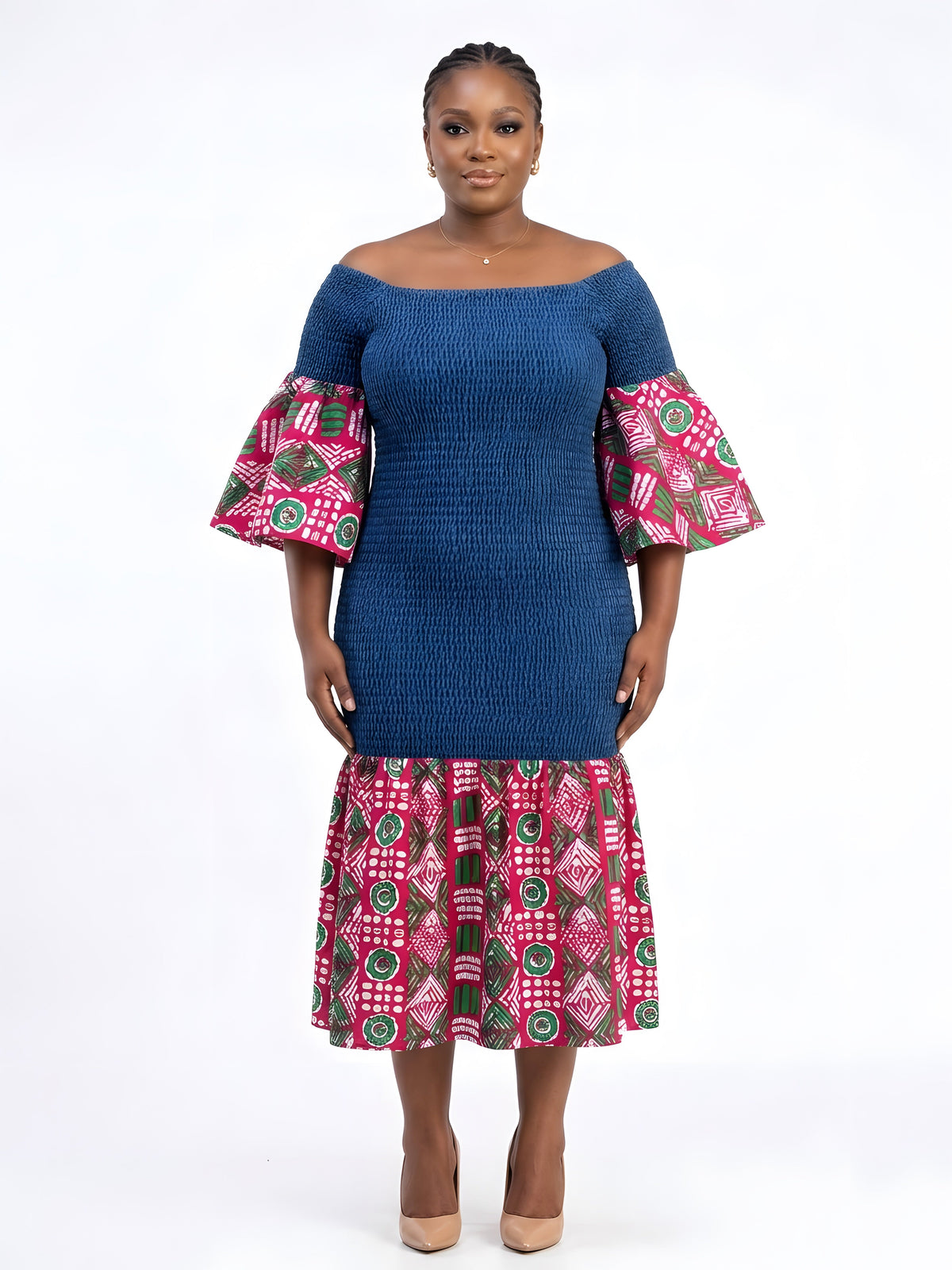 African Trim Denim Midi Smocked Dress | One Size