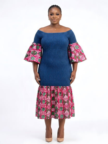 African Trim Denim Midi Smocked Dress | One Size