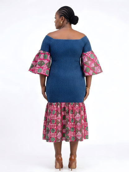 African Trim Denim Midi Smocked Dress | One Size