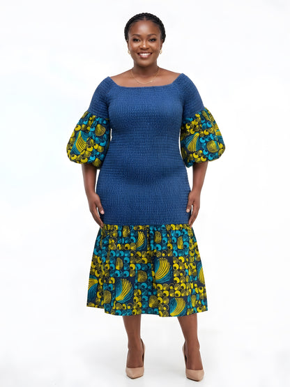 African Trim Denim Midi Smocked Dress | One Size