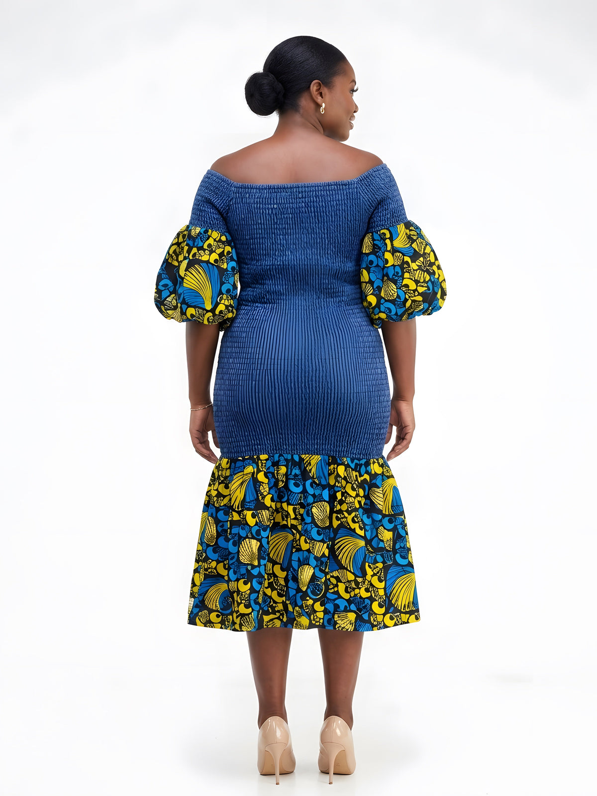 African Trim Denim Midi Smocked Dress | One Size