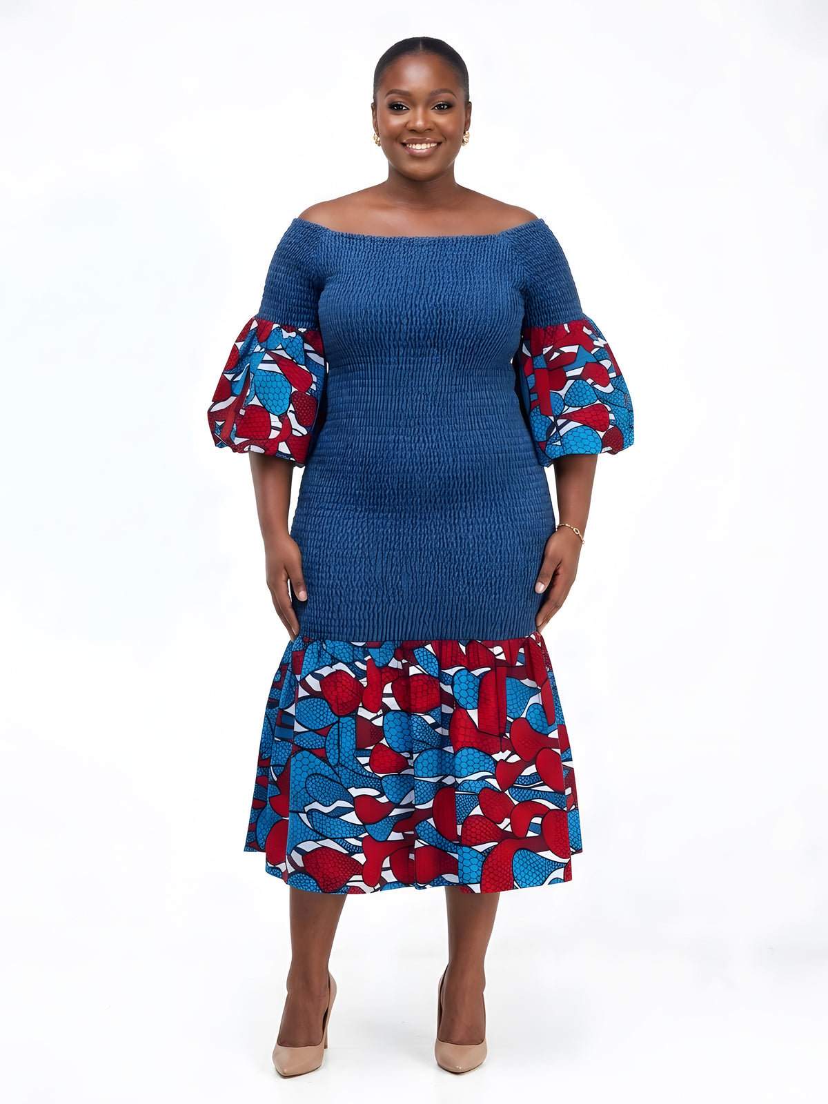 African Trim Denim Midi Smocked Dress | One Size