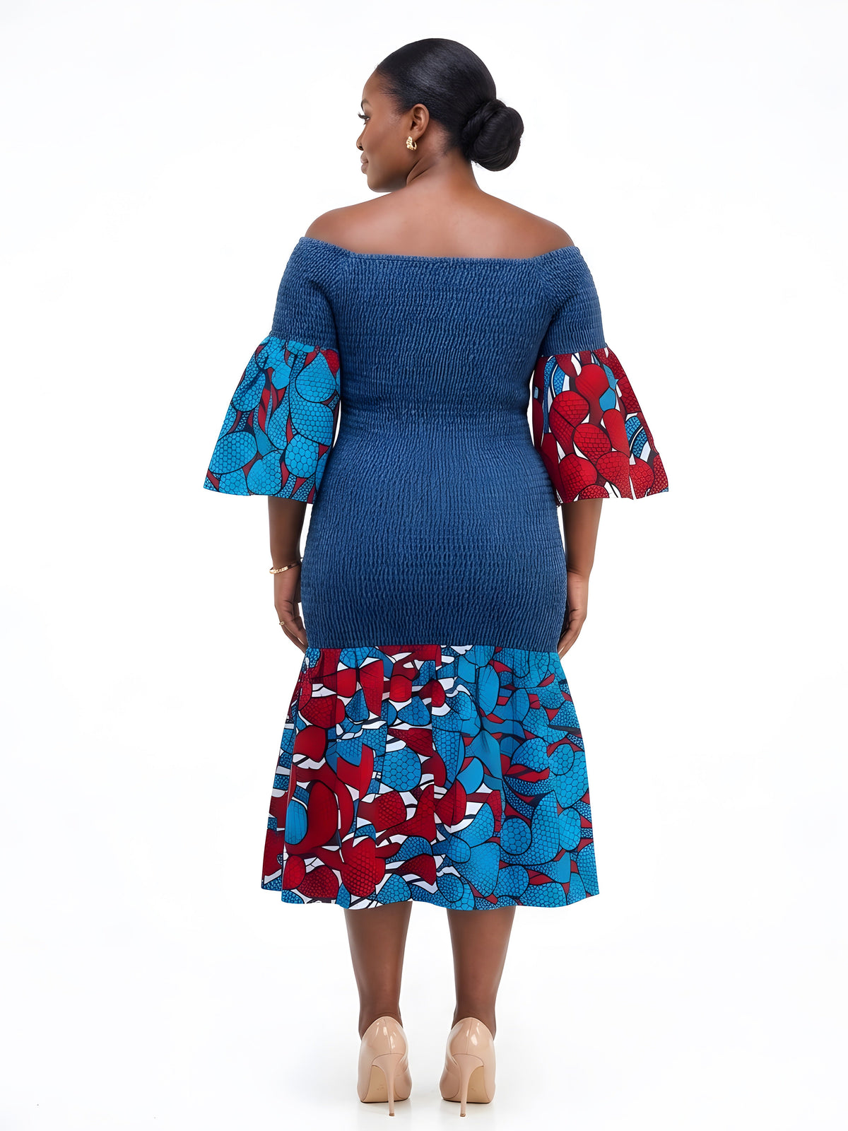 African Trim Denim Midi Smocked Dress | One Size
