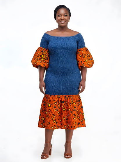 African Trim Denim Midi Smocked Dress | One Size