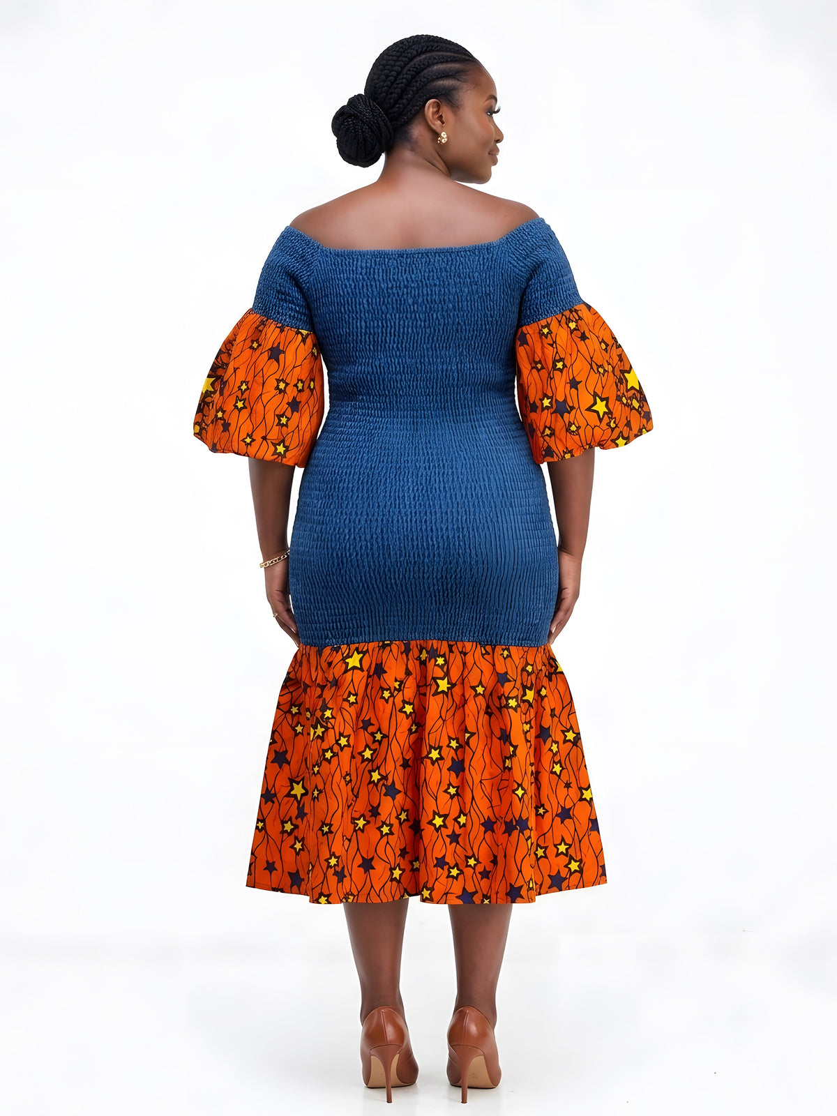 African Trim Denim Midi Smocked Dress | One Size