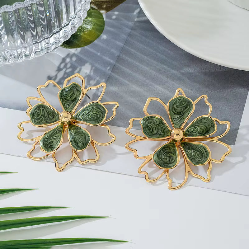 High-End Gold Green Flower Earrings