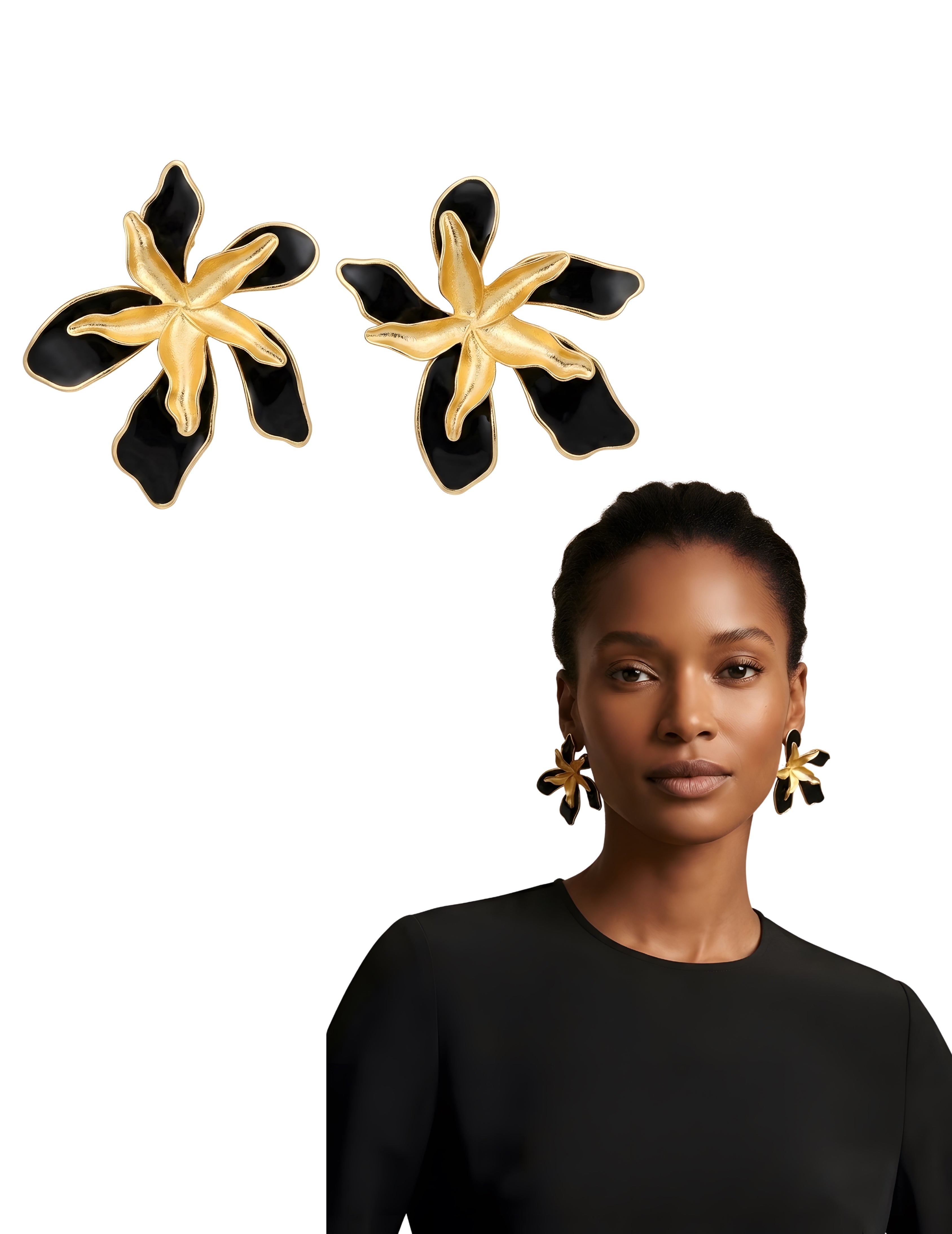Exaggerated High-End Gold Black Petal Flower Earrings