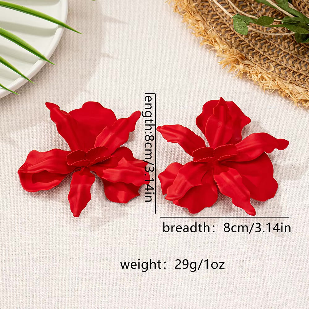 Red Floral Statement Earrings – Oversized Flower Drop Earrings