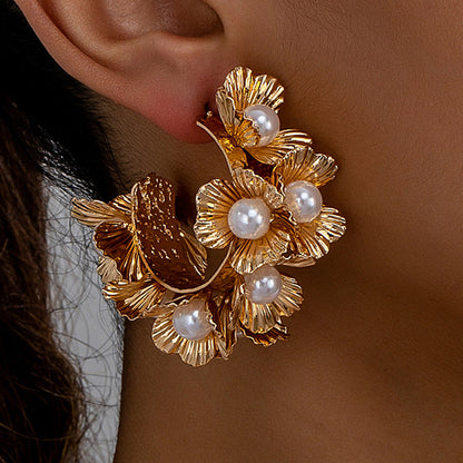Exaggerated Multi Layer Pearl Flower Statement Earrings