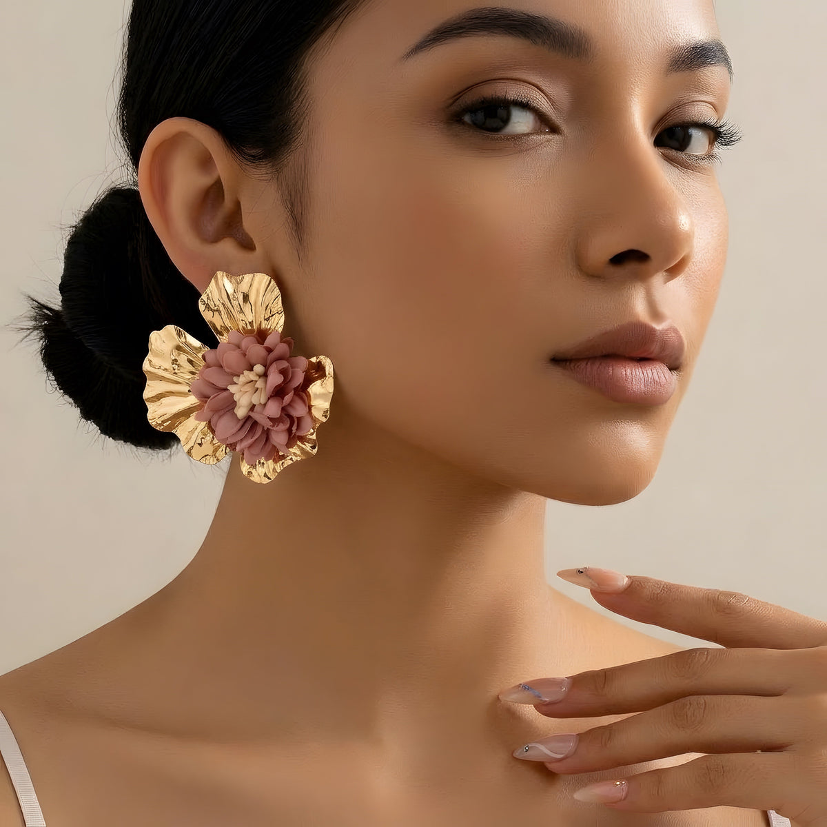 Gold Large Pink Fabric Flower Earrings