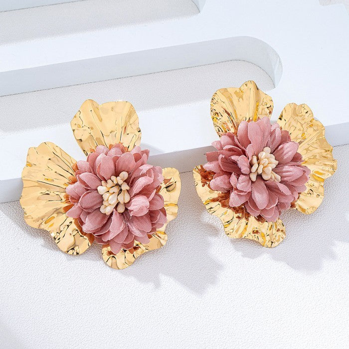 Gold Large Pink Fabric Flower Earrings