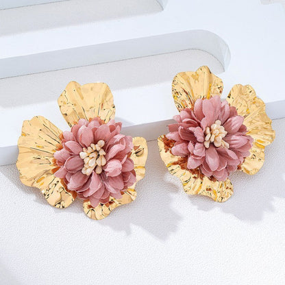 Gold Large Pink Fabric Flower Earrings