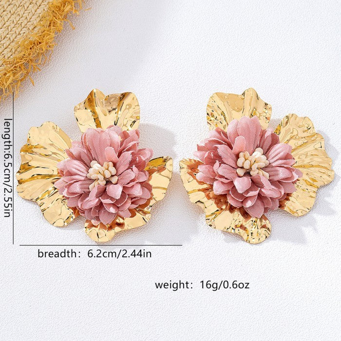 Gold Large Pink Fabric Flower Earrings