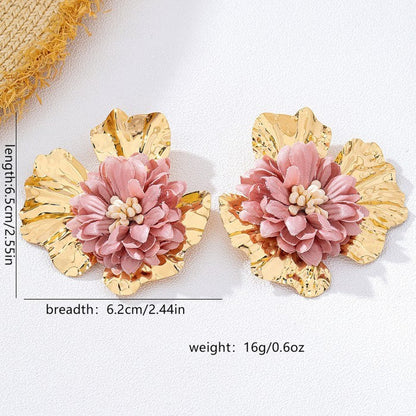 Gold Large Pink Fabric Flower Earrings