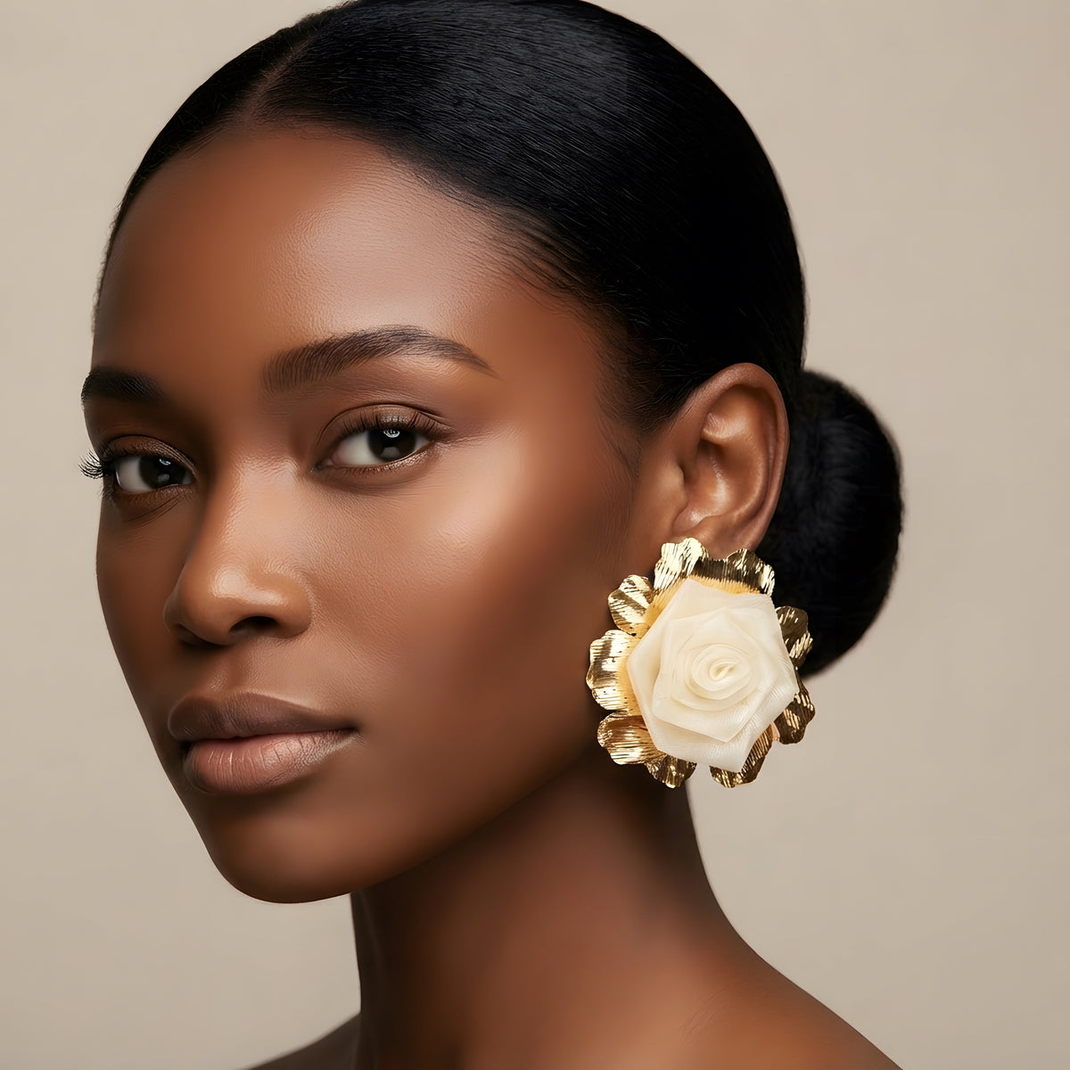 Gold Large Fabric Mesh Flower Earrings