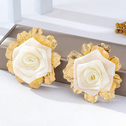 Gold Large Fabric Mesh Flower Earrings