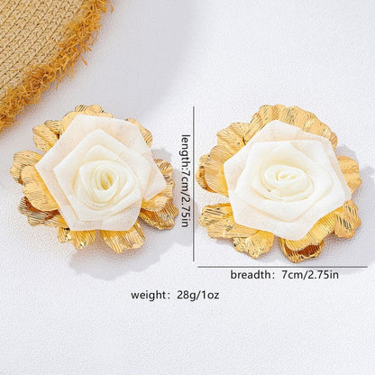 Gold Large Fabric Mesh Flower Earrings