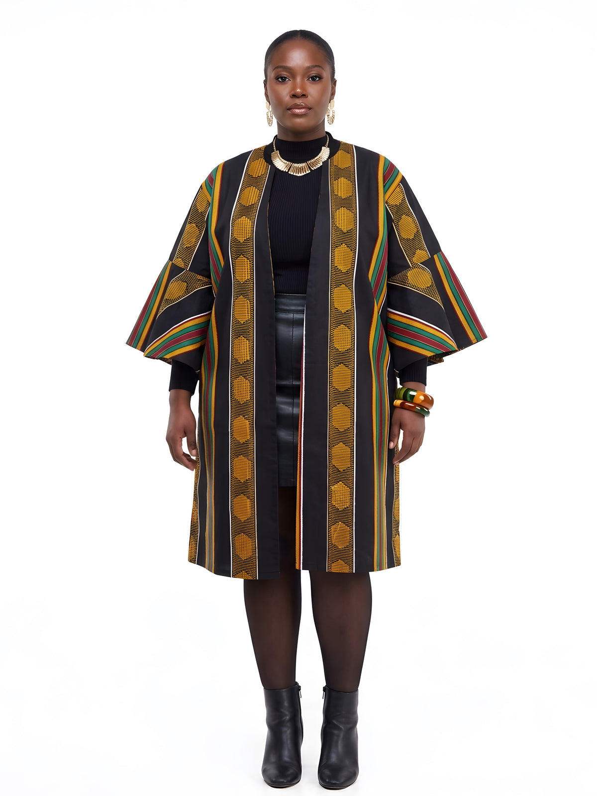 Side view of African Ankara reversible jacket with matching two-sided belt
