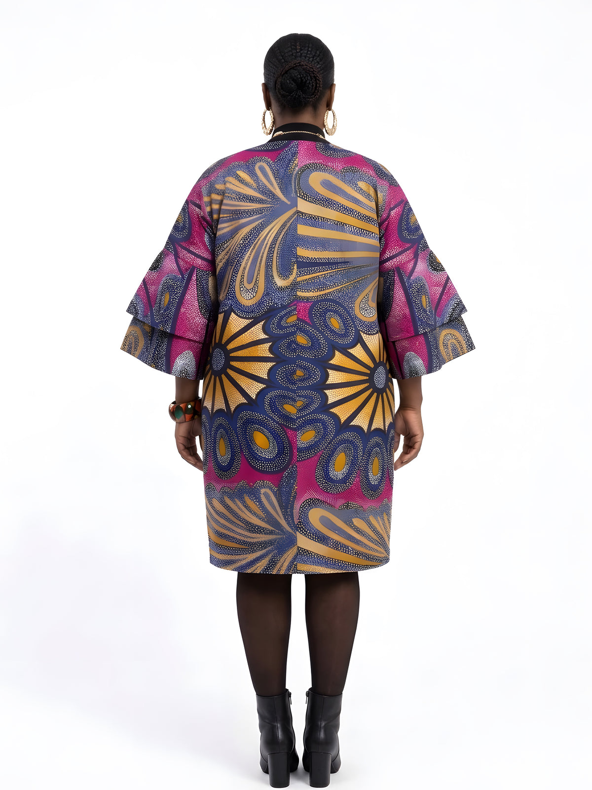 Back view of reversible African print jacket for women, 100% cotton Ankara kimono