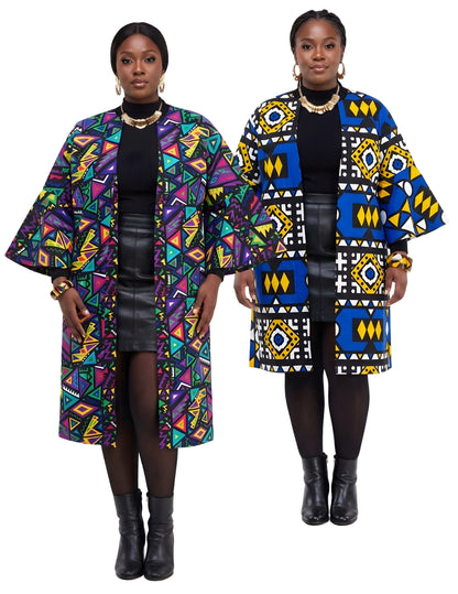 Reversible African Ankara jacket for women, 100% cotton kimono trench coat with belt