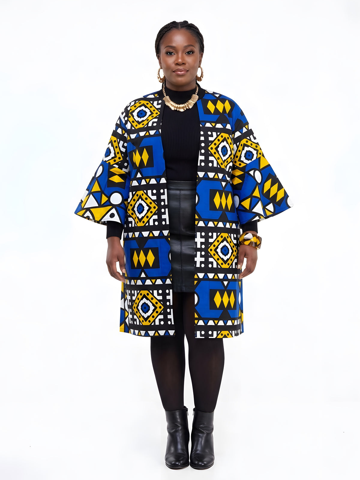 Side view of African Ankara reversible jacket with matching two-sided belt