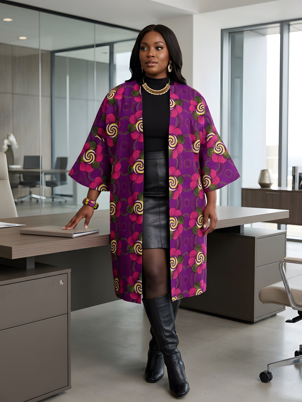 Side view of African Ankara reversible jacket with matching two-sided belt