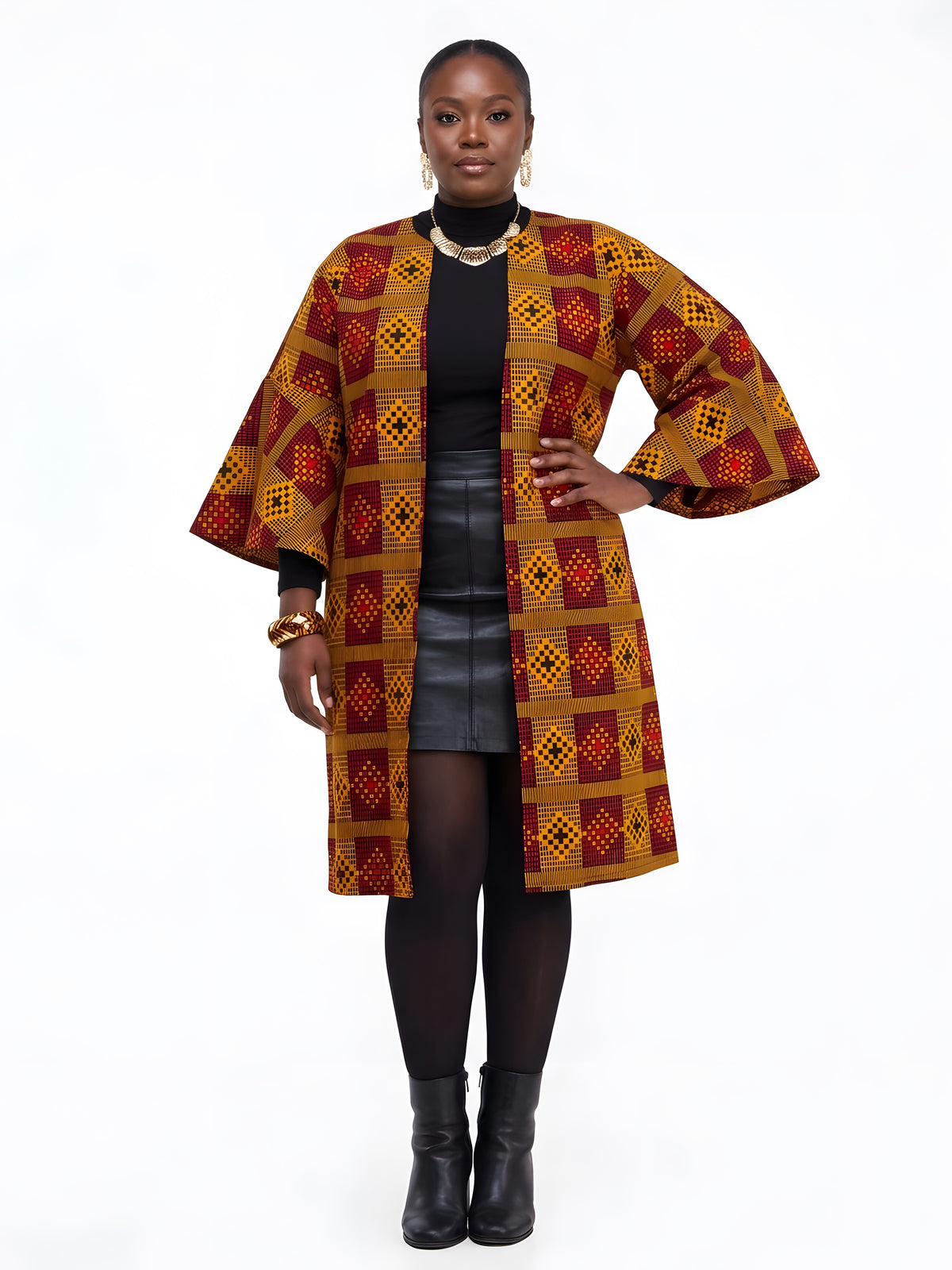 Side view of African Ankara reversible jacket with matching two-sided belt