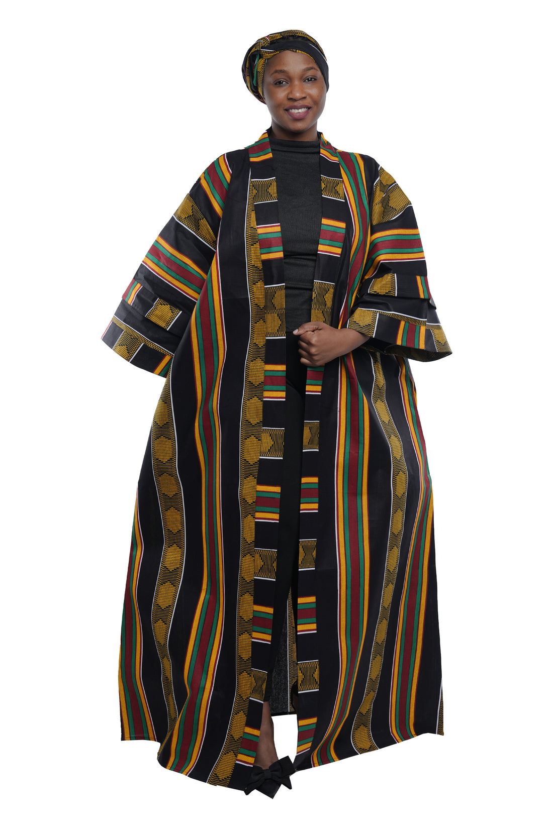 African Print Long Duster Kimono for Women with Headwrap | 100% Cotton