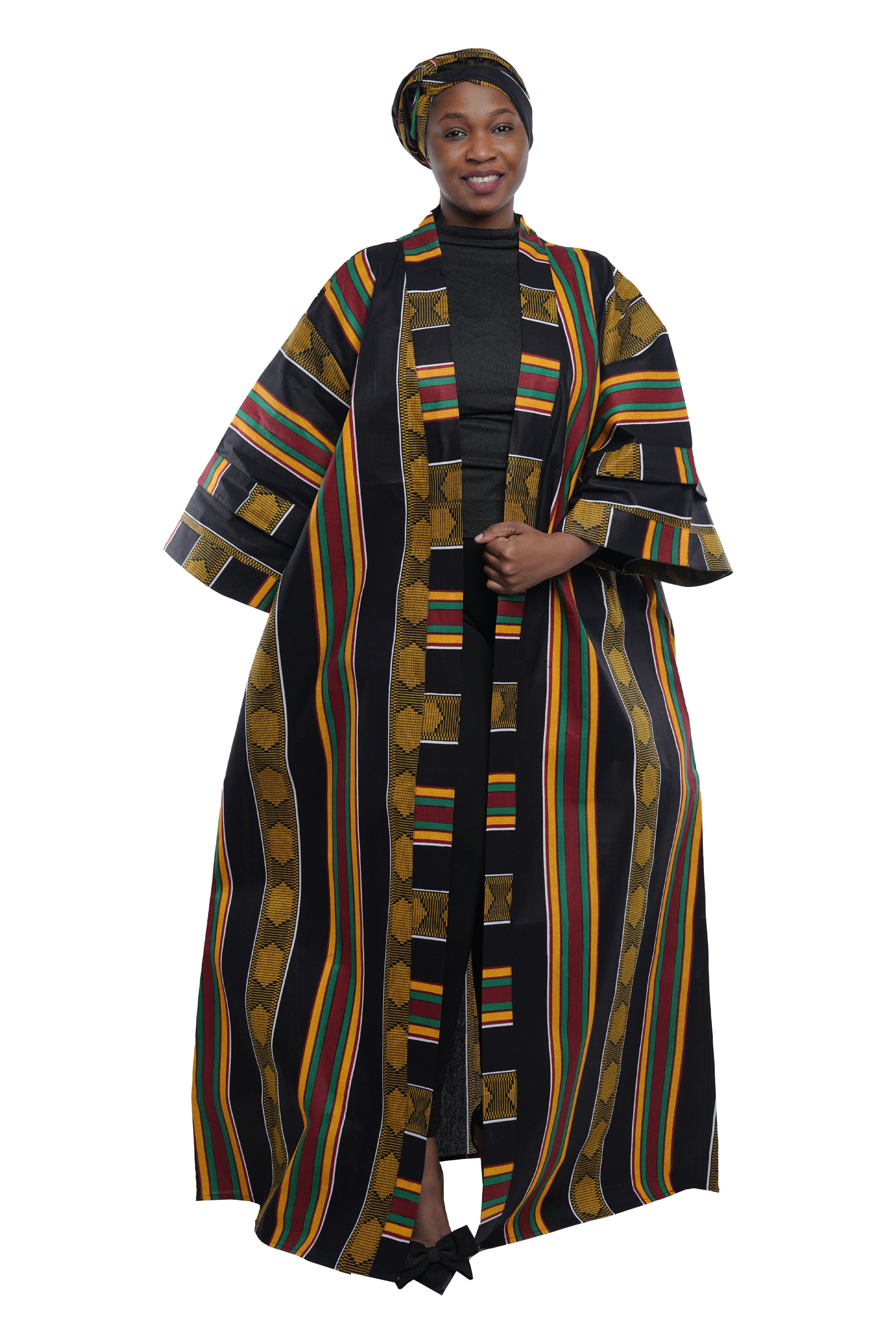 African Print Long Duster Kimono for Women with Headwrap | 100% Cotton
