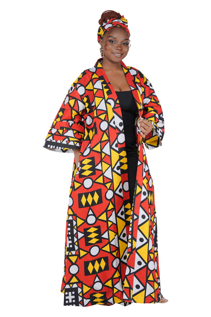African Print Long Duster Kimono for Women with Headwrap | 100% Cotton