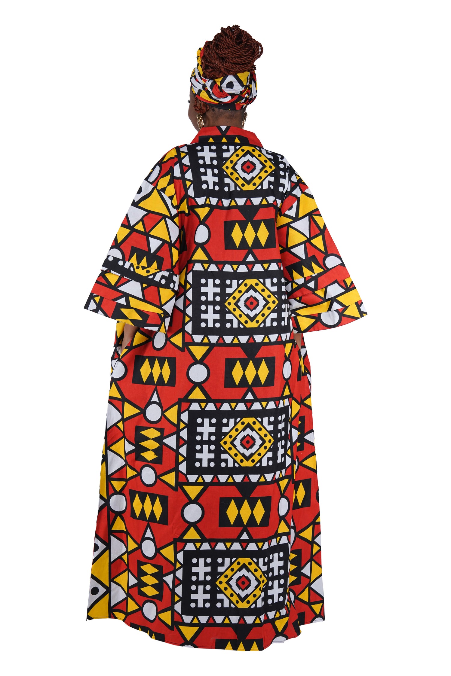 African Print Long Duster Kimono for Women with Headwrap | 100% Cotton