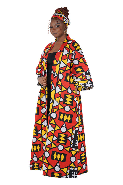 African Print Long Duster Kimono for Women with Headwrap | 100% Cotton