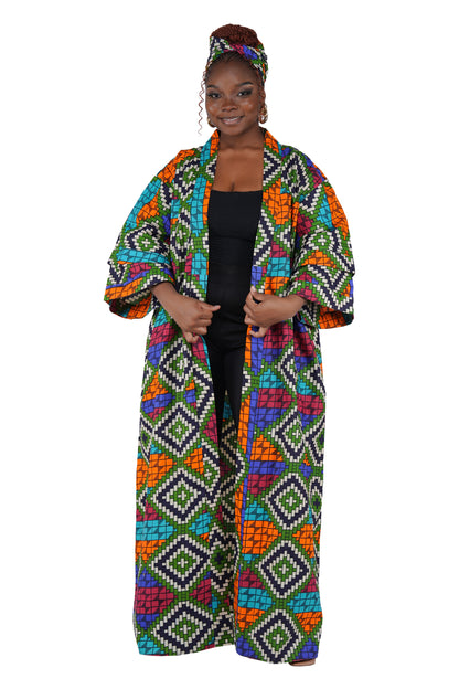 African Print Long Duster Kimono for Women with Headwrap | 100% Cotton