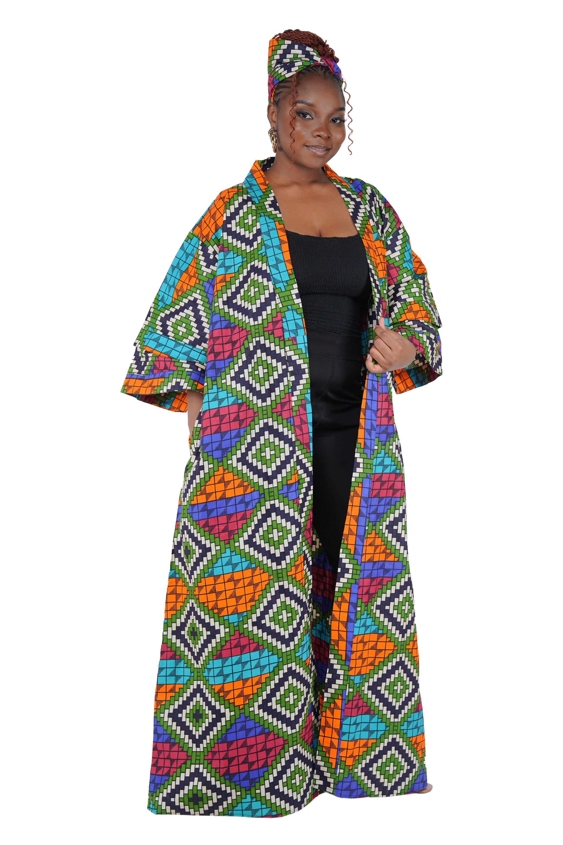African Print Long Duster Kimono for Women with Headwrap | 100% Cotton