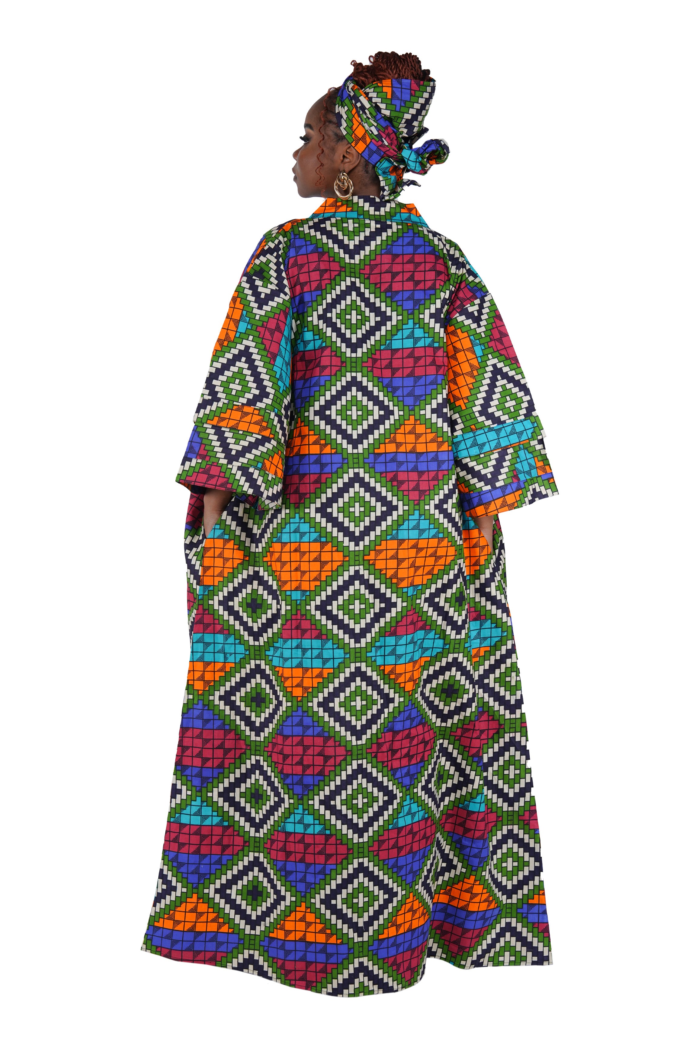 African Print Long Duster Kimono for Women with Headwrap | 100% Cotton