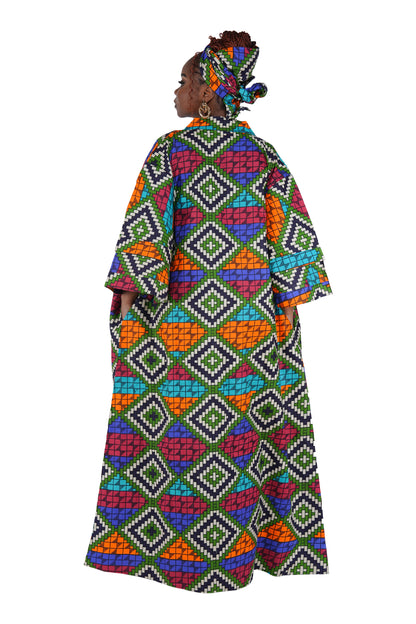African Print Long Duster Kimono for Women with Headwrap | 100% Cotton