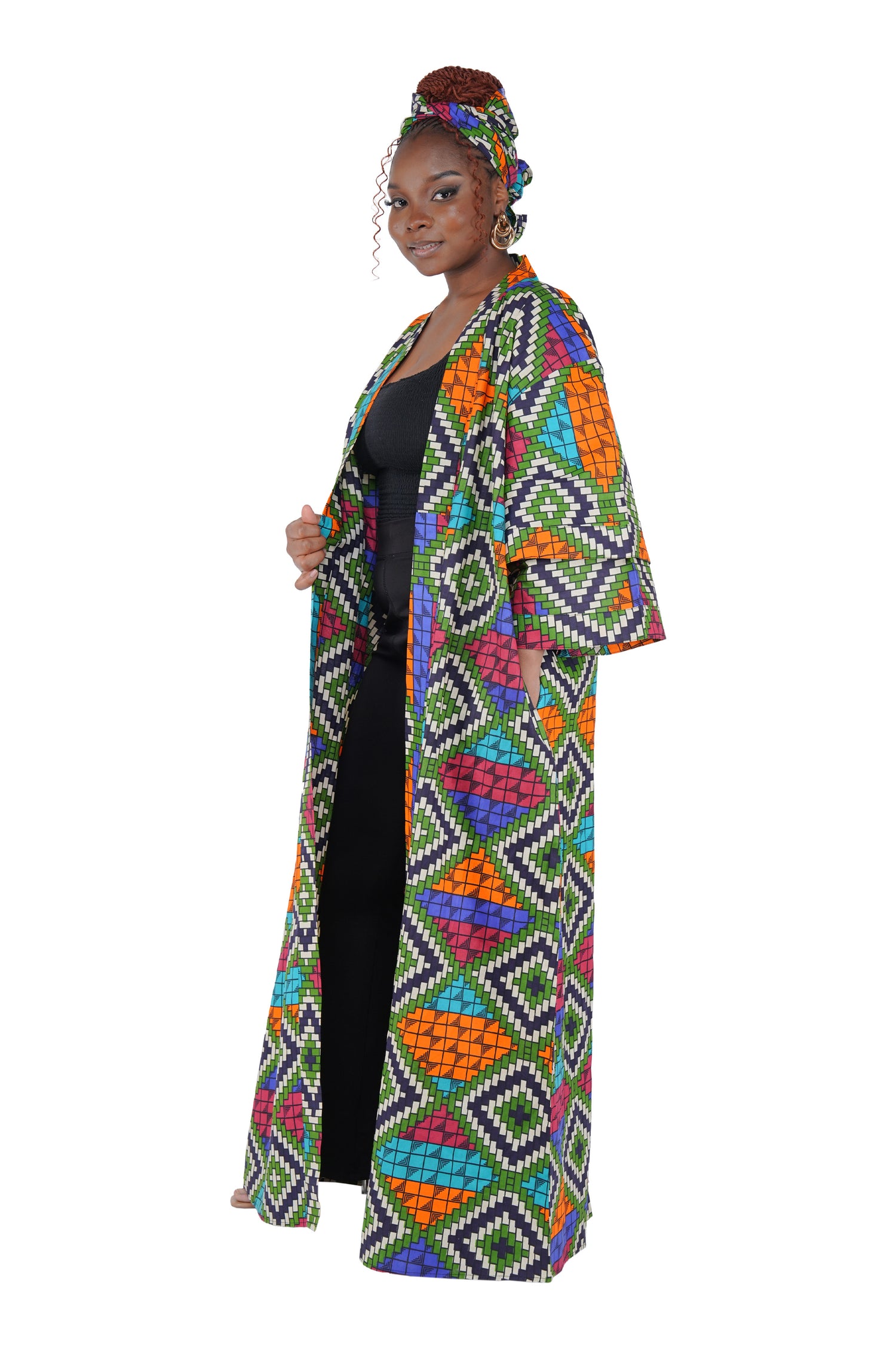 African Print Long Duster Kimono for Women with Headwrap | 100% Cotton